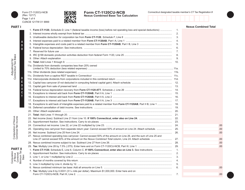 Form CT-1120CU-NCB Nexus Combined Base Tax Calculation - Connecticut, Page 1