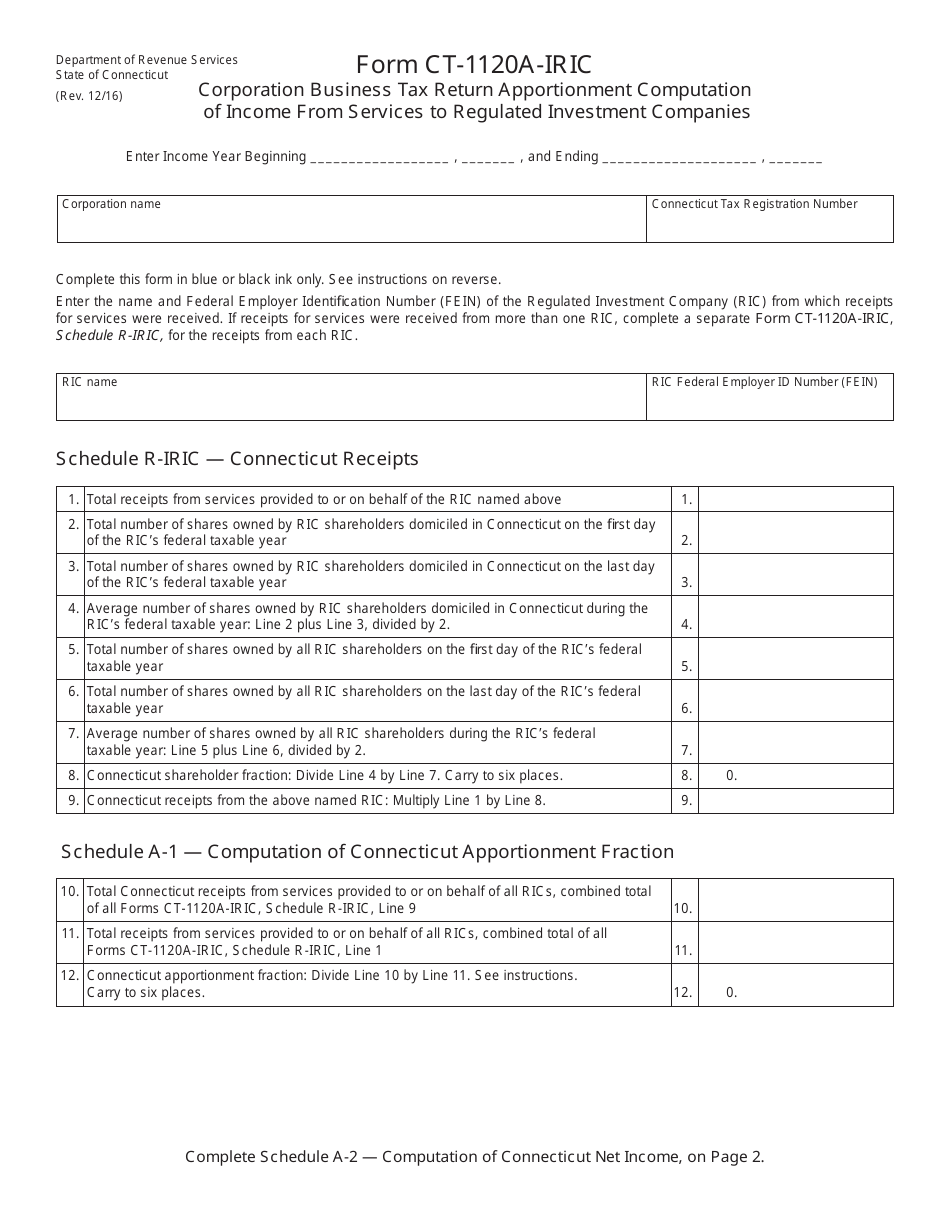Form CT-1120A-IRIC Corporation Business Tax Return Apportionment Computation of Income From Services to Regulated Investment Companies - Connecticut, Page 1