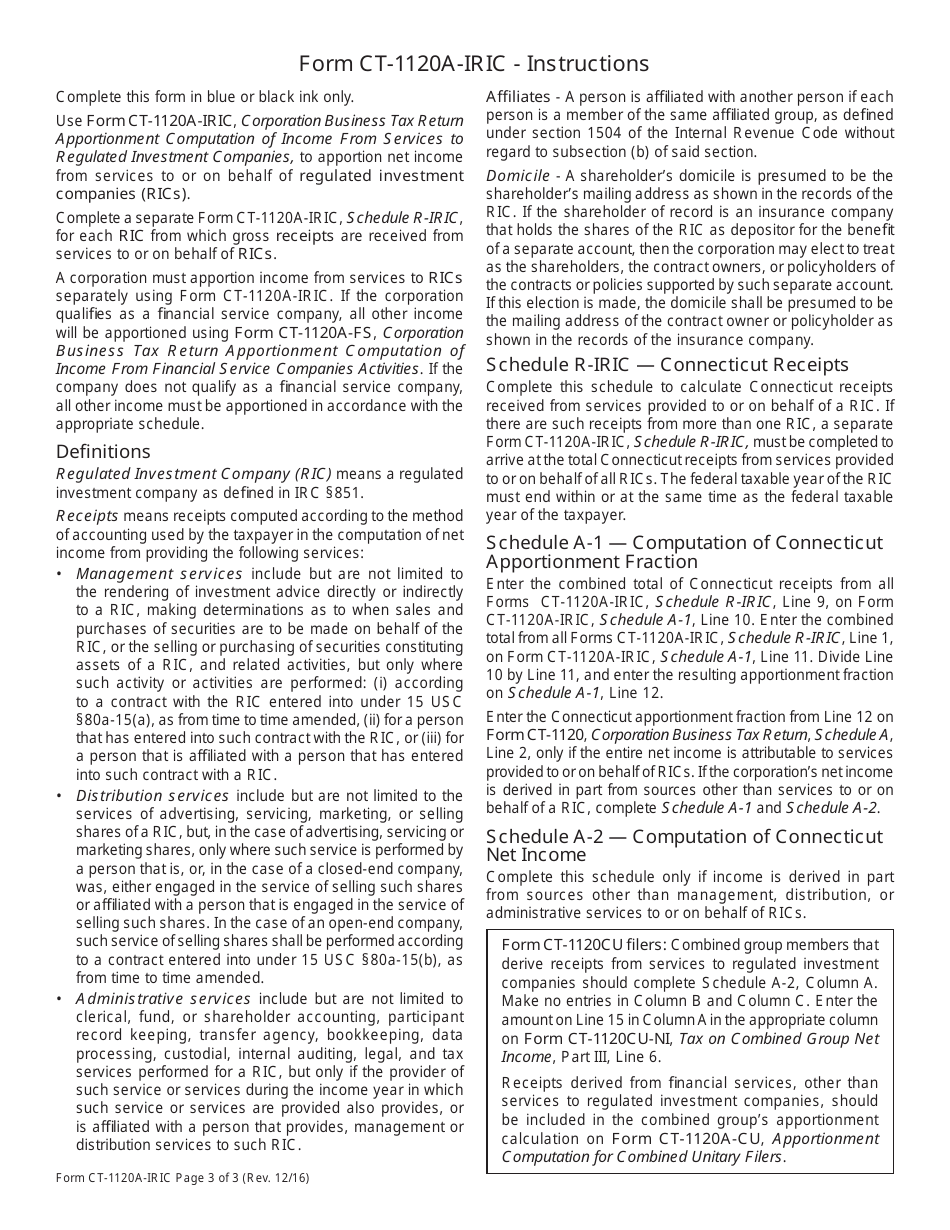 Form CT-1120A-IRIC Corporation Business Tax Return Apportionment Computation of Income From Services to Regulated Investment Companies - Connecticut, Page 3