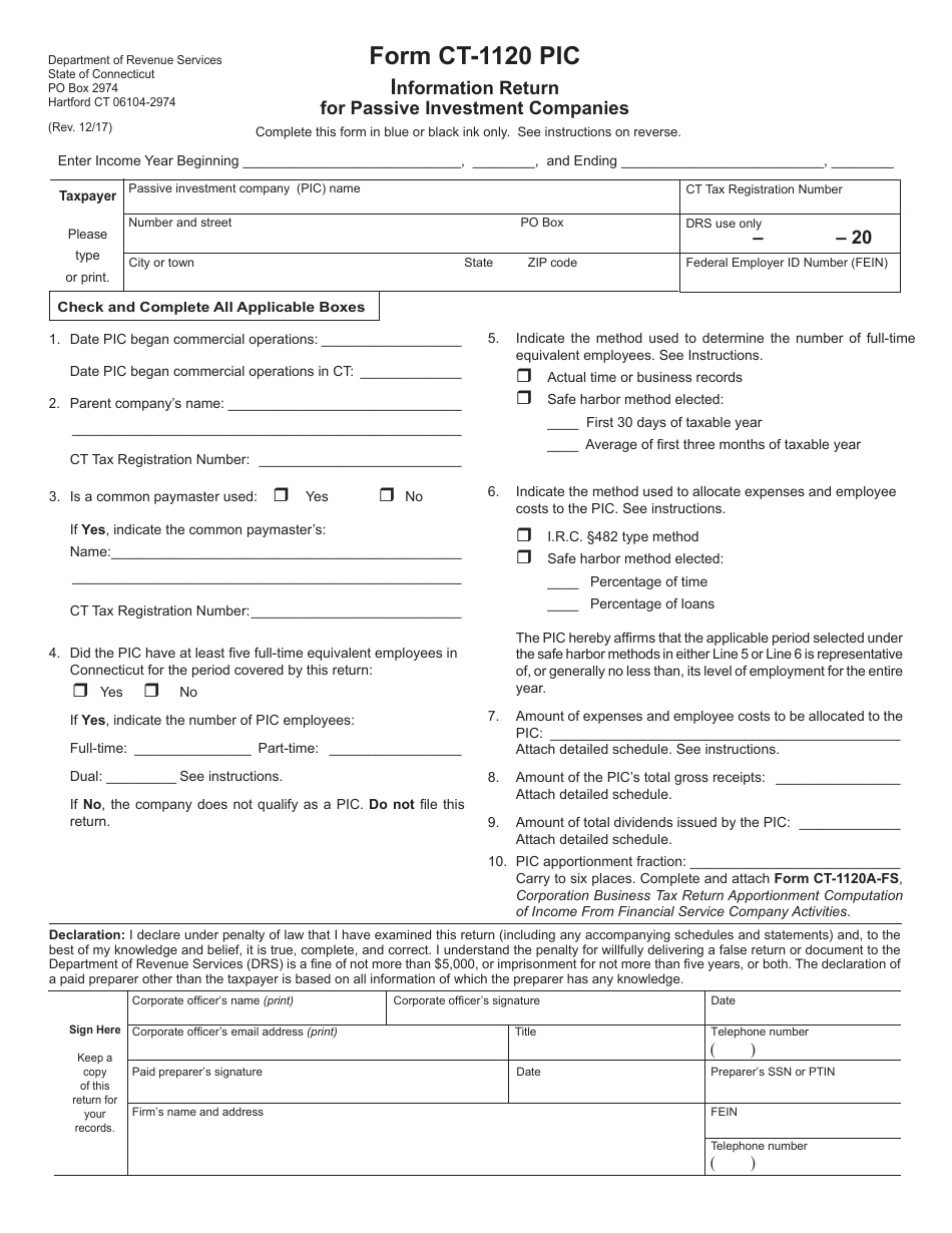 Form CT-1120 PIC Information Return for Passive Investment Companies - Connecticut, Page 1