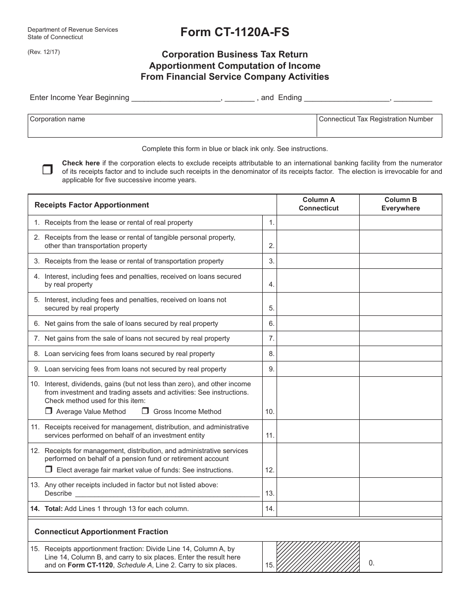 Form CT-1120A-FS Corporation Business Tax Return - Apportionment Computation of Income From Financial Service Company Activities - Connecticut, Page 1