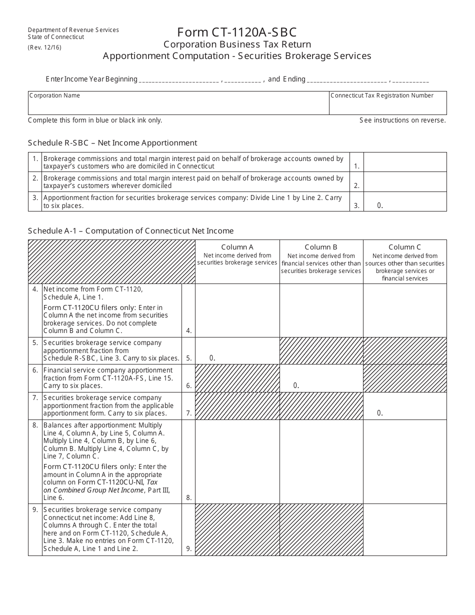 Form CT-1120A-SBC Corporation Business Tax Return - Apportionment Computation - Securities Brokerage Services - Connecticut, Page 1