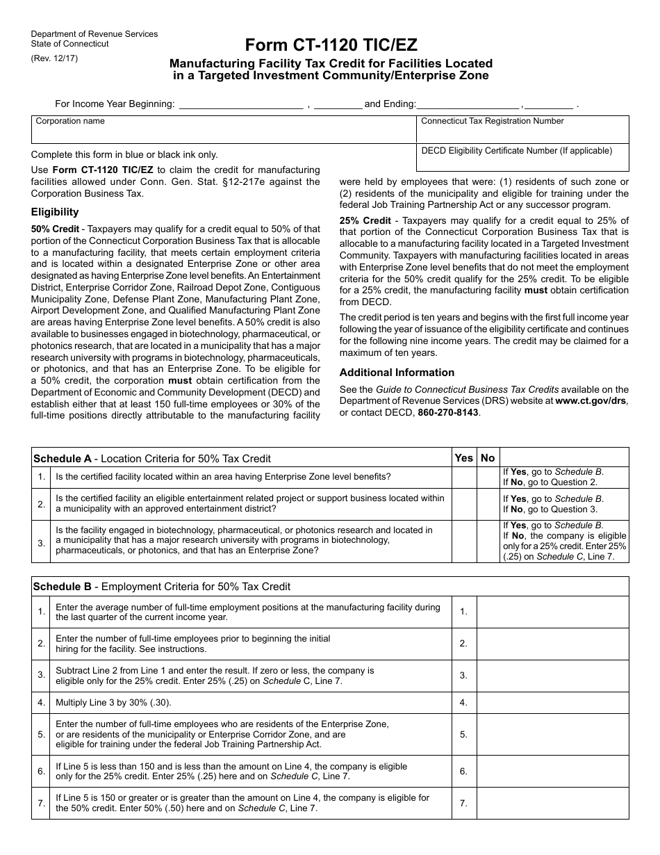 Form CT-1120 TIC / EZ Manufacturing Facility Tax Credit for Facilities Located in a Targeted Investment Community / Enterprise Zone - Connecticut, Page 1