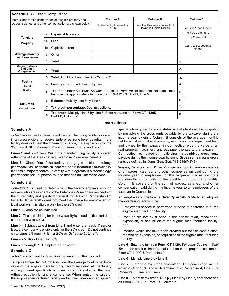 Form CT-1120 TIC / EZ Manufacturing Facility Tax Credit for Facilities Located in a Targeted Investment Community / Enterprise Zone - Connecticut, Page 2