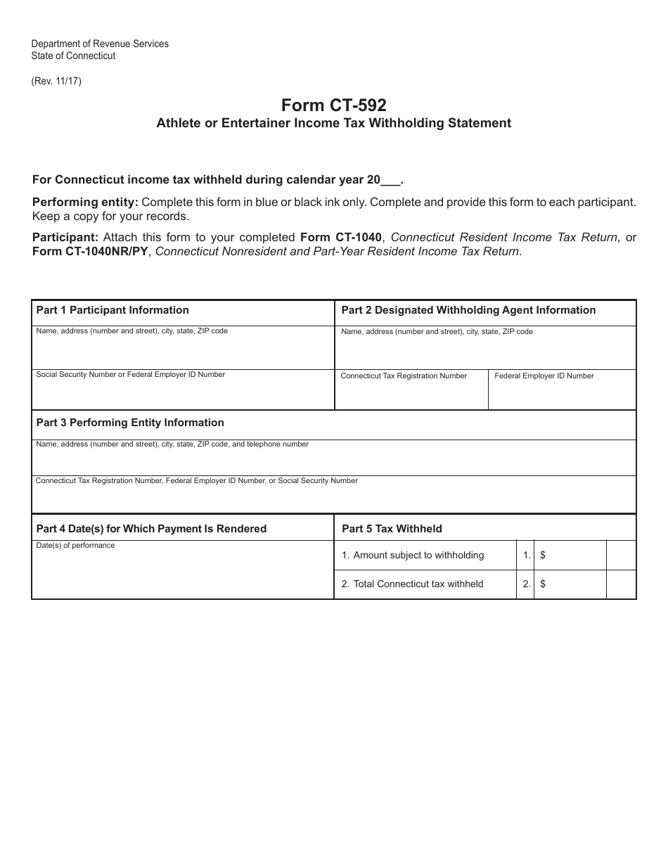 Form CT-592 Athlete or Entertainer Income Tax Withholding Statement - Connecticut, Page 1