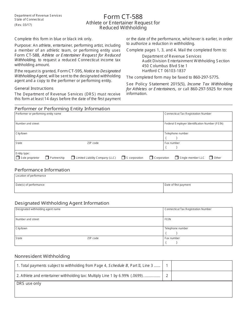 Form CT-588 Athlete or Entertainer Request for Reduced Withholding - Connecticut, Page 1