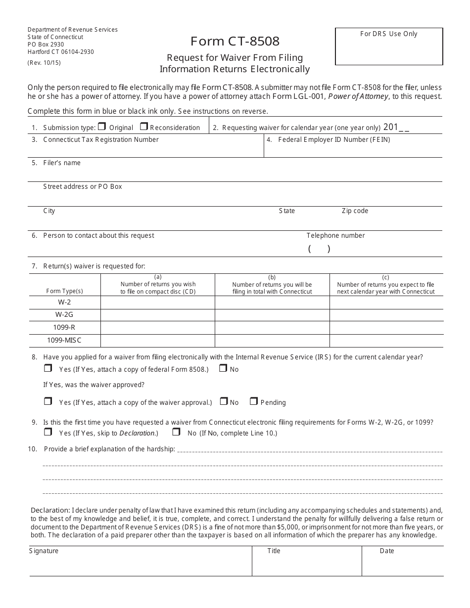 Form CT-8508 Request for Waiver From Filing Information Returns Electronically - Connecticut, Page 1