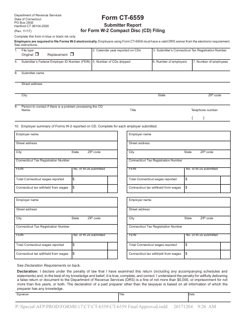 Form CT-6559 Submitter Report for Form W-2 Compact Disc (Cd) Filing - Connecticut