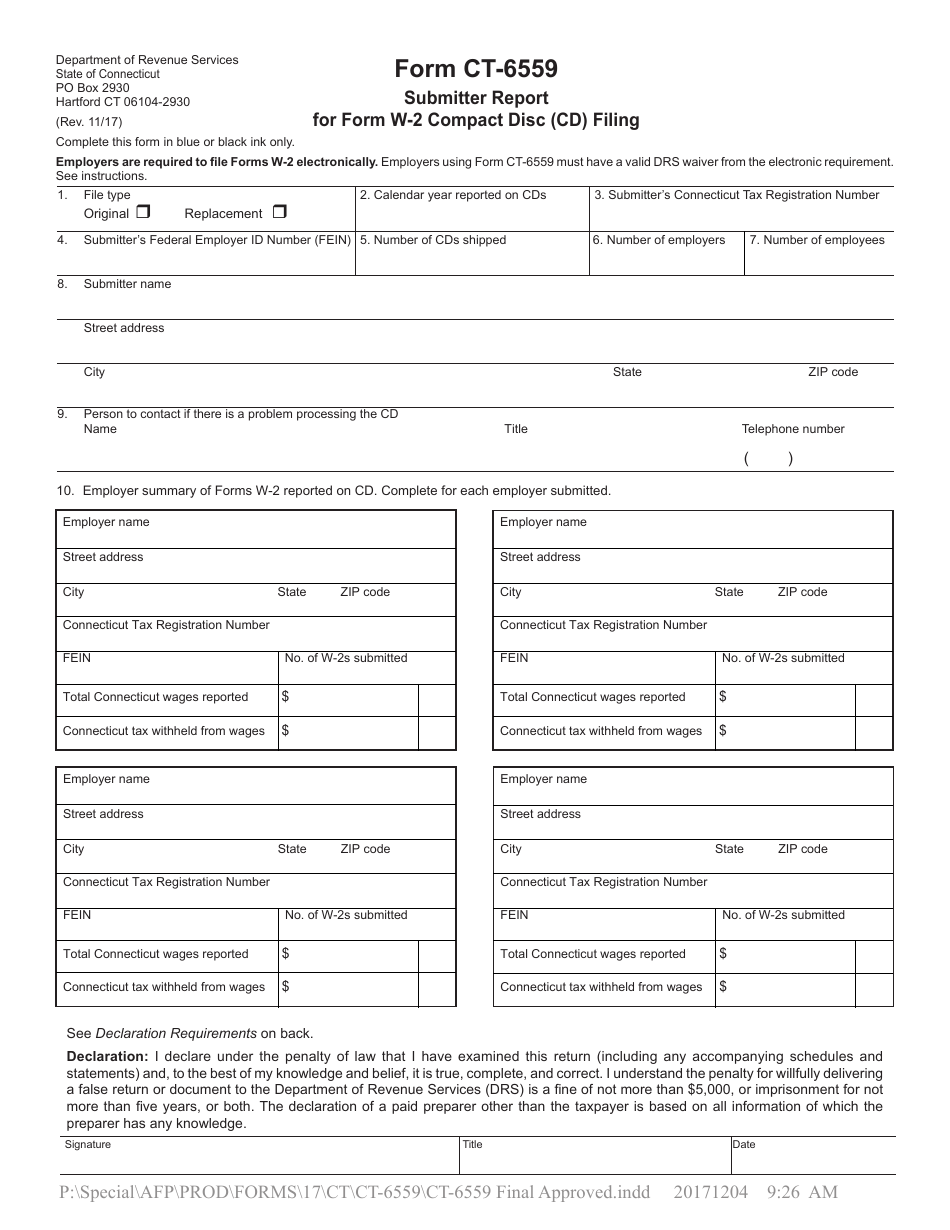 Form CT-6559 Submitter Report for Form W-2 Compact Disc (Cd) Filing - Connecticut, Page 1