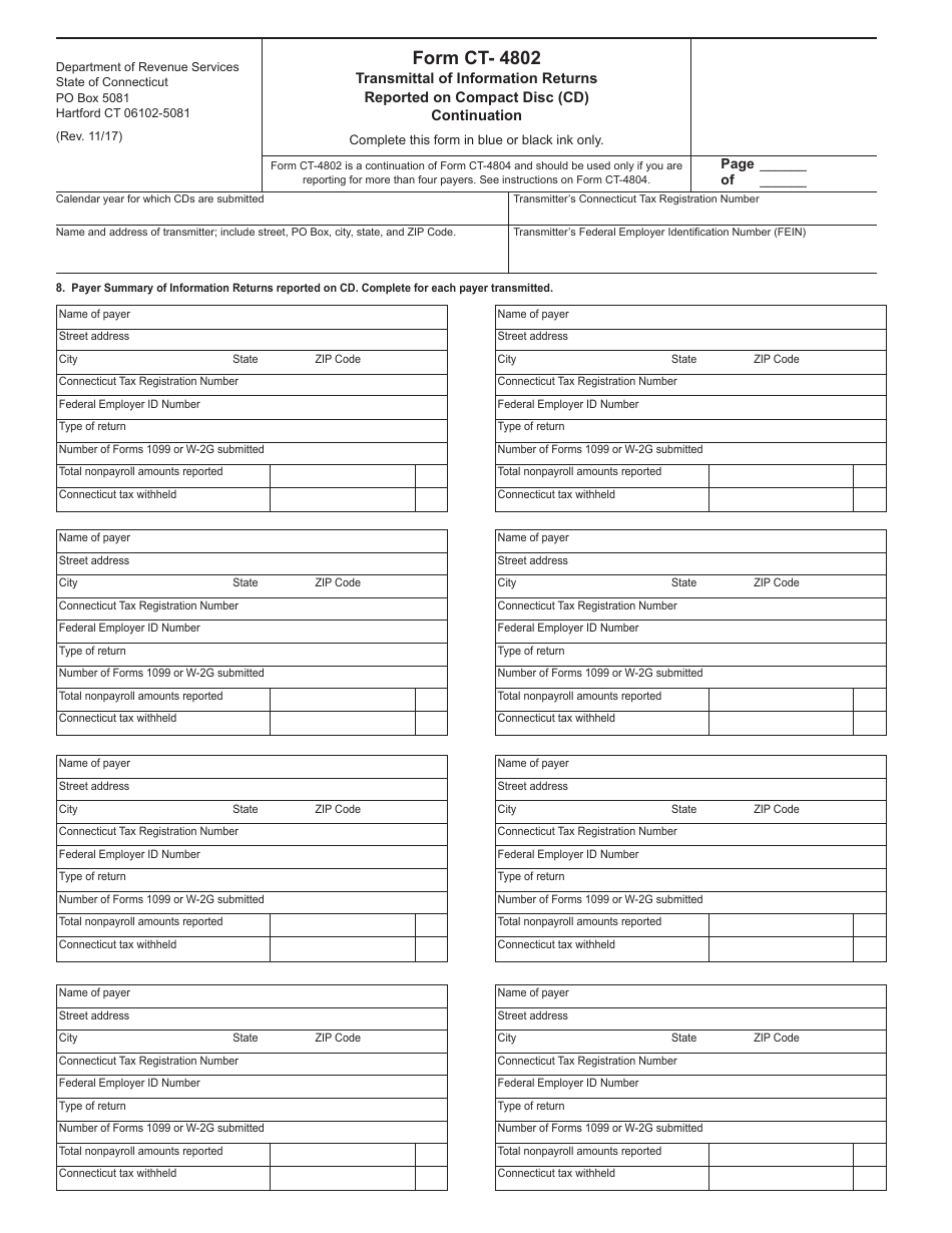 Form CT-4802 Transmittal of Information Returns Reported on Compact Disc (Cd) Continuation - Connecticut, Page 1