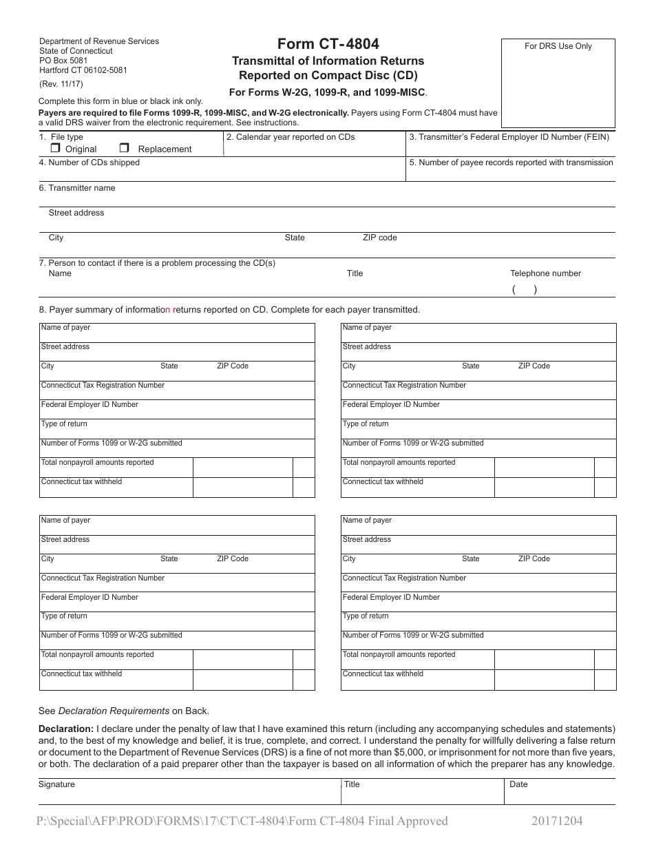 Form CT-4804 Transmittal of Information Returns Reported on Compact Disc (Cd) - Connecticut, Page 1