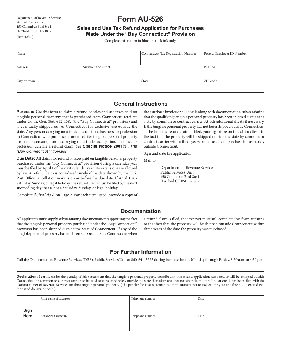 Form AU-526 Sales and Use Tax Refund Application for Purchases Made Under the buy Connecticut Provision - Connecticut, Page 1