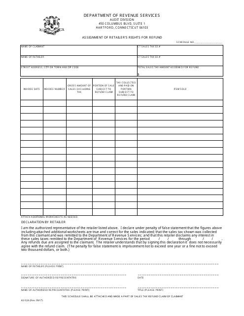 Form AU-524 Assignment of Retailer's Rights for Refund - Connecticut