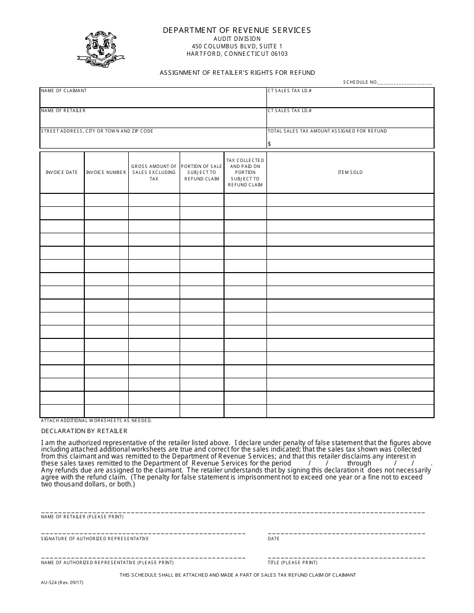 Form AU-524 Assignment of Retailers Rights for Refund - Connecticut, Page 1