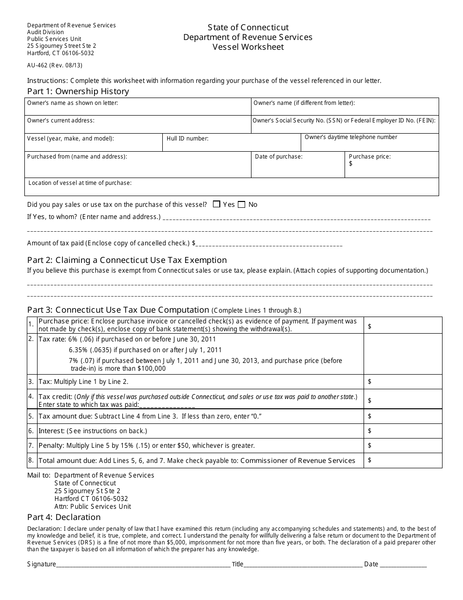 Form AU-462 Vessel Worksheet - Connecticut, Page 1