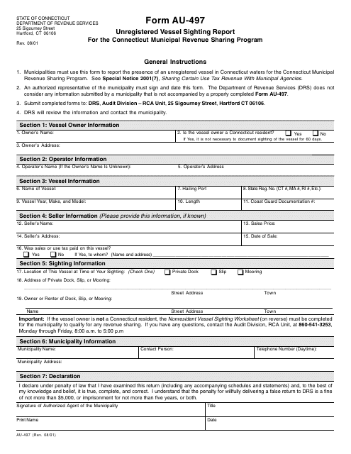 Form AU-497 Unregistered Vessel Sighting Report for the Connecticut Municipal Revenue Sharing Program - Connecticut