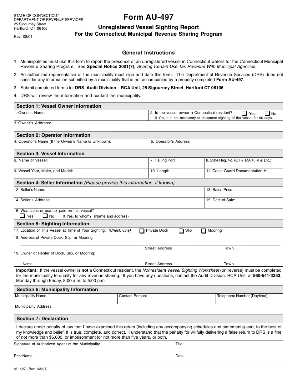 Form AU-497 Unregistered Vessel Sighting Report for the Connecticut Municipal Revenue Sharing Program - Connecticut, Page 1