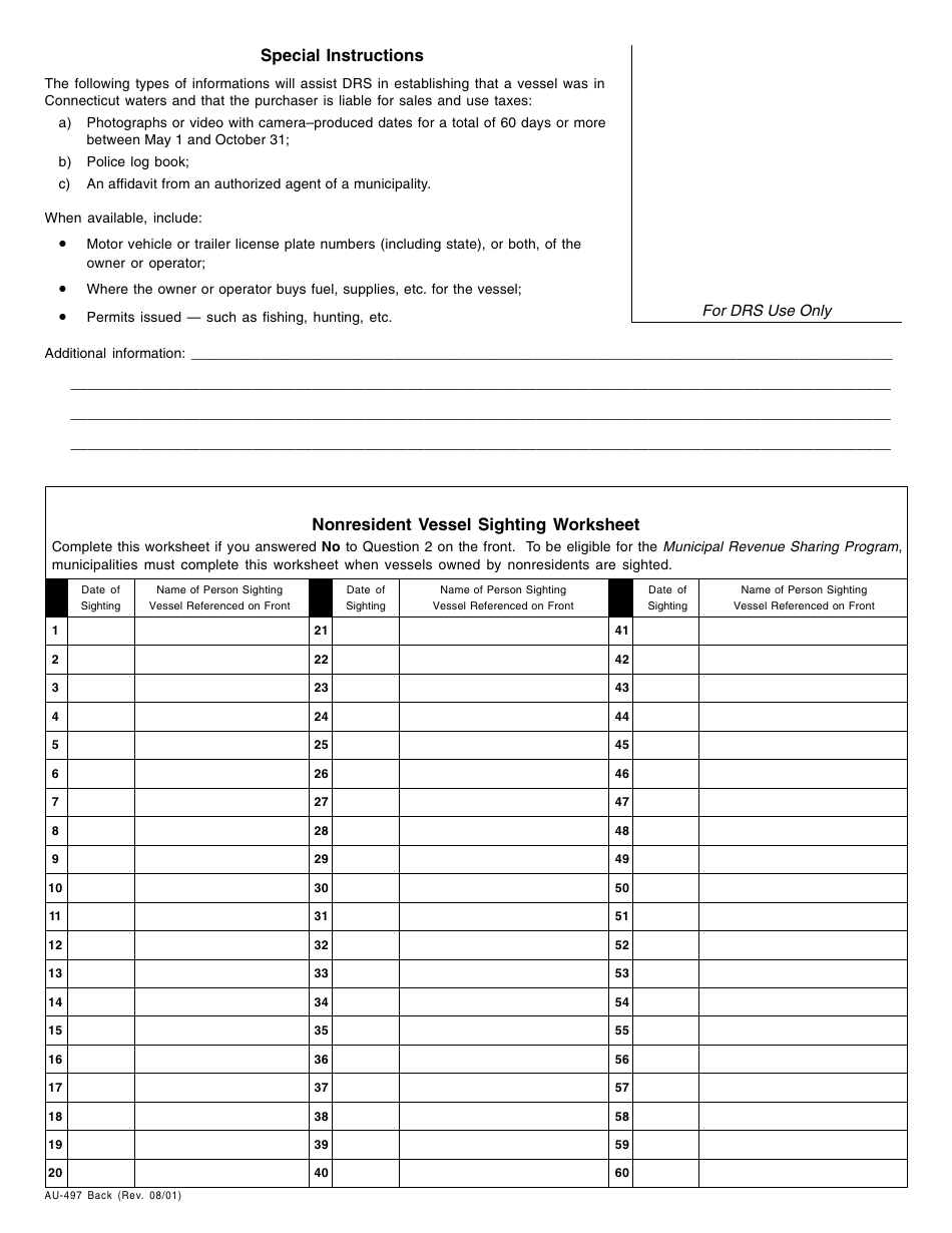 Form AU-497 Unregistered Vessel Sighting Report for the Connecticut Municipal Revenue Sharing Program - Connecticut, Page 2