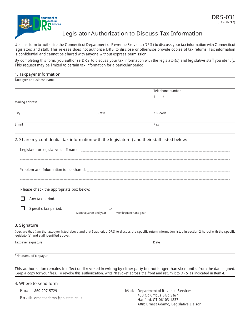 Form DRS-031 Legislator Authorization to Discuss Tax Information - Connecticut, Page 1
