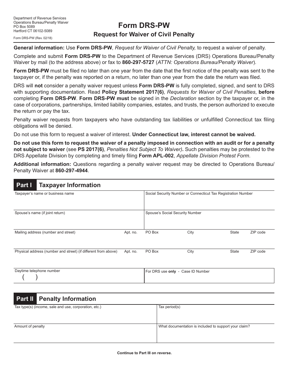 Form DRS-PW Request for Waiver of Civil Penalty - Connecticut, Page 1