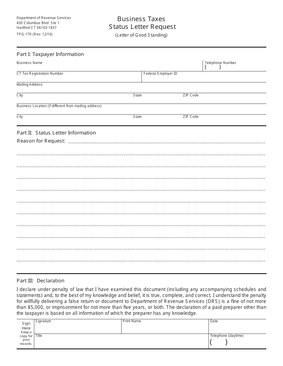 Form TPG-170 Business Taxes - Status Letter Request - Connecticut, Page 1