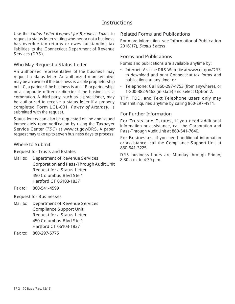 Form TPG-170 Business Taxes - Status Letter Request - Connecticut, Page 2