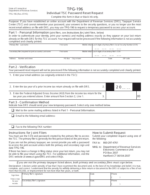 Form TPG-196 Individual Tsc Password Reset Request - Connecticut
