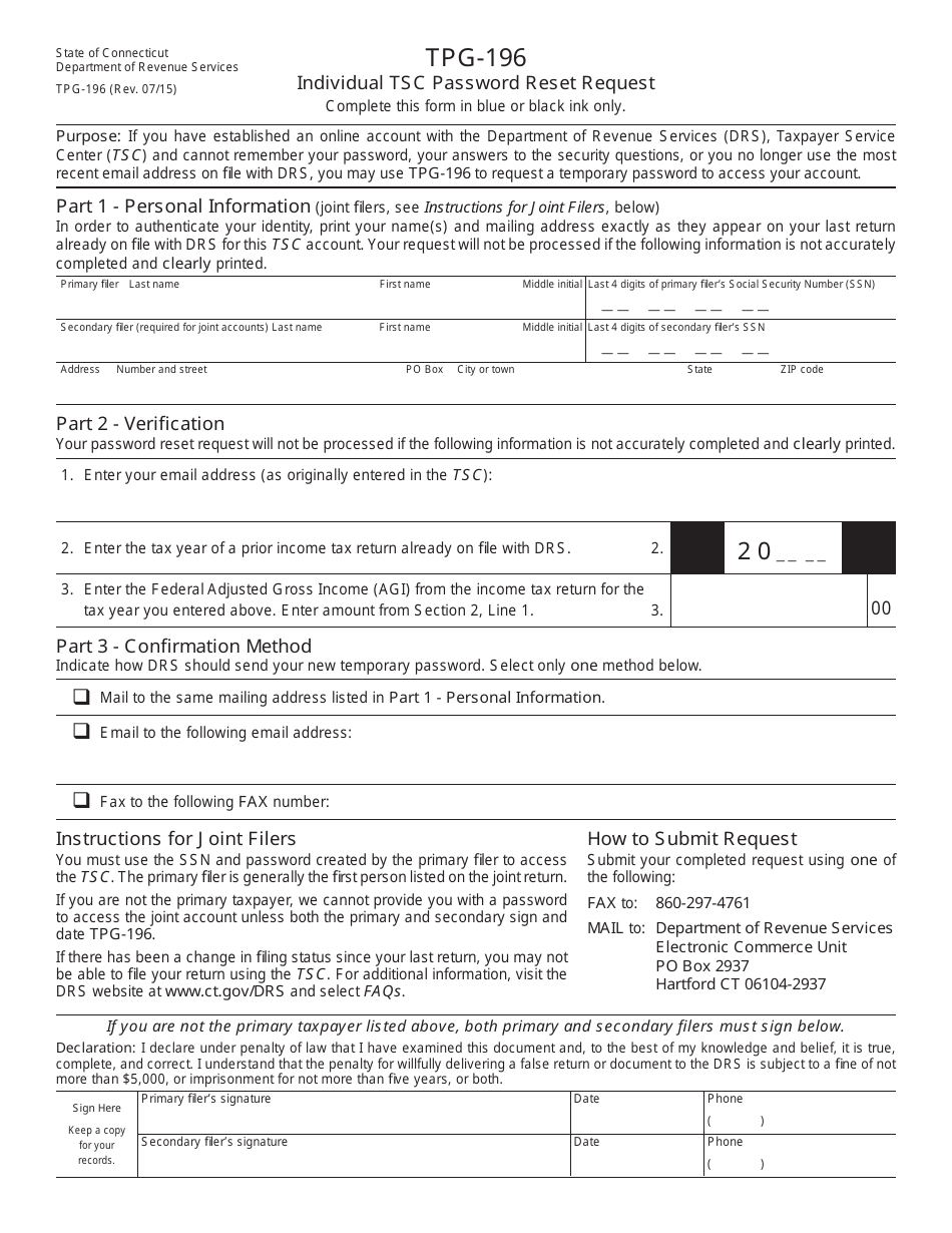 Form TPG-196 Individual Tsc Password Reset Request - Connecticut, Page 1