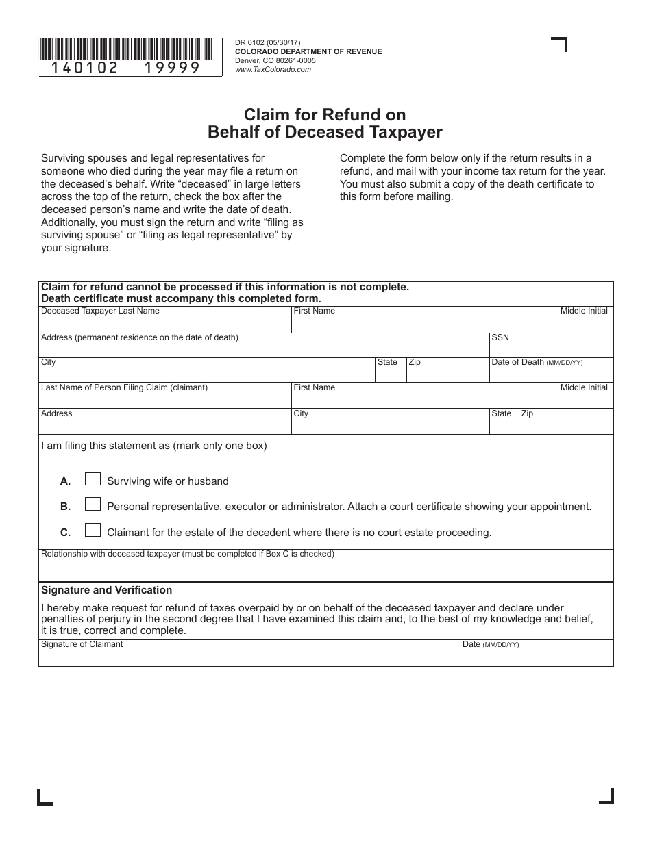 Form DR0102 Claim for Refund on Behalf of Deceased Taxpayer - Colorado, Page 1