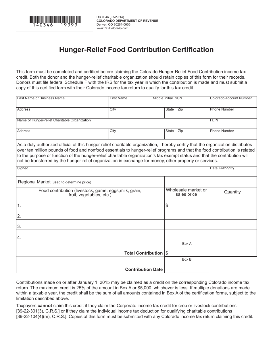 Form DR0346 Hunger-Relief Food Contribution Certification - Colorado, Page 1