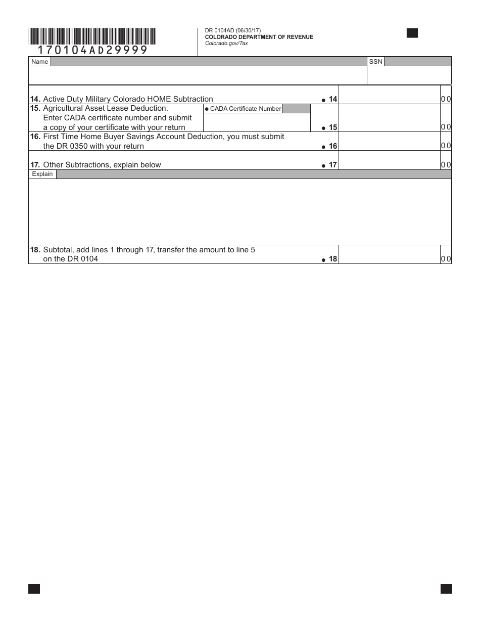 Form DR0104AD Subtractions From Income Schedule - Colorado, Page 2