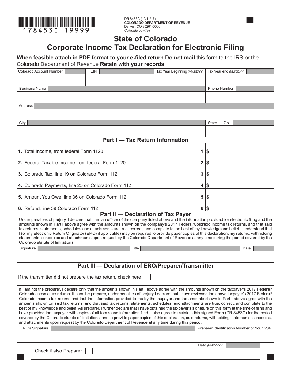Form DR8453C Corporate Income Tax Declaration for Electronic Filing - Colorado, Page 2