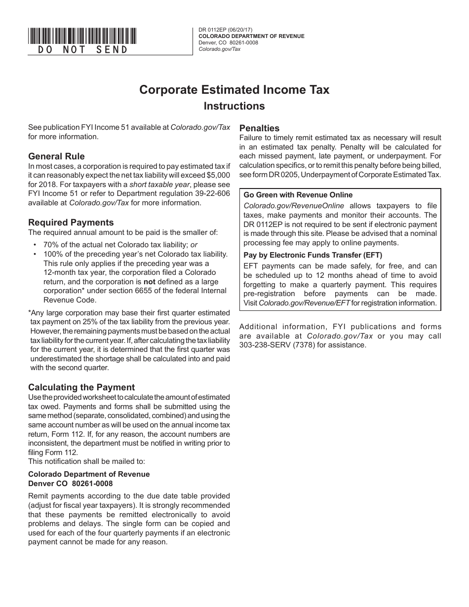 Form DR0112EP Corporate Estimated Income Tax - Colorado, Page 1