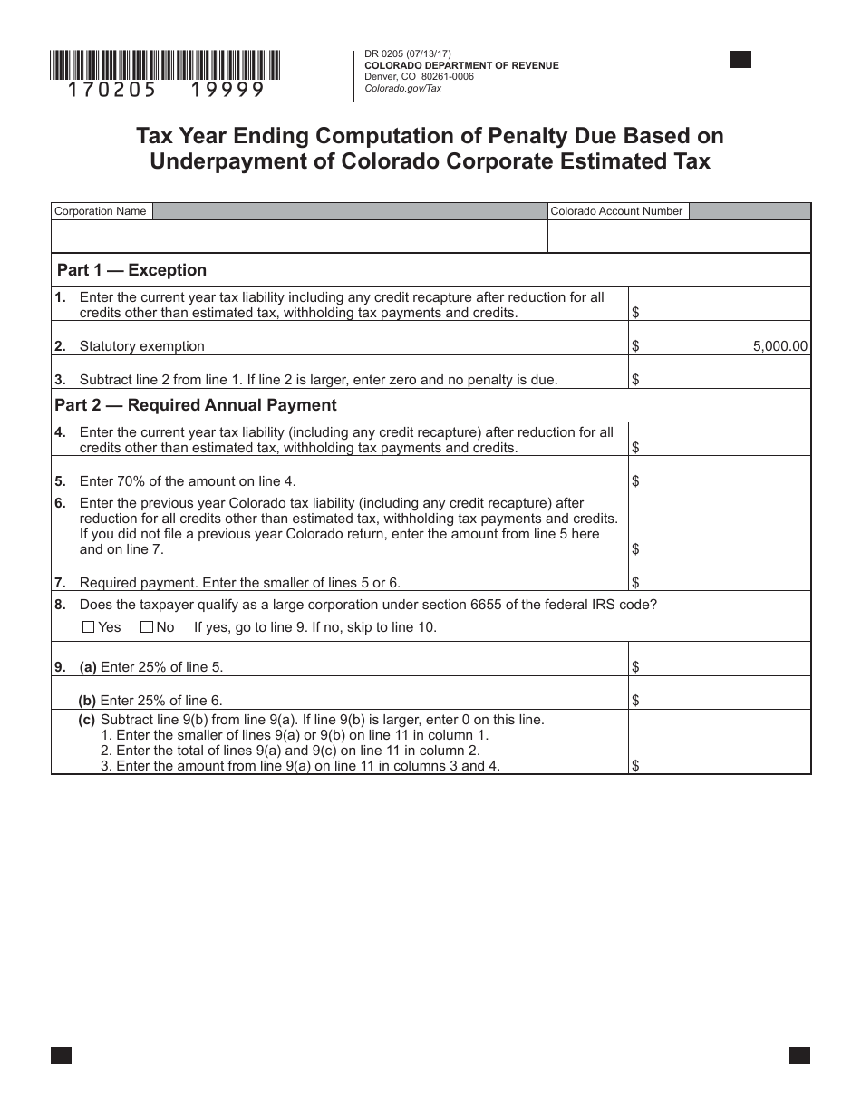 Form DR0205 Tax Year Ending Computation of Penalty Due Based on Underpayment of Colorado Corporate Estimated Tax - Colorado, Page 2