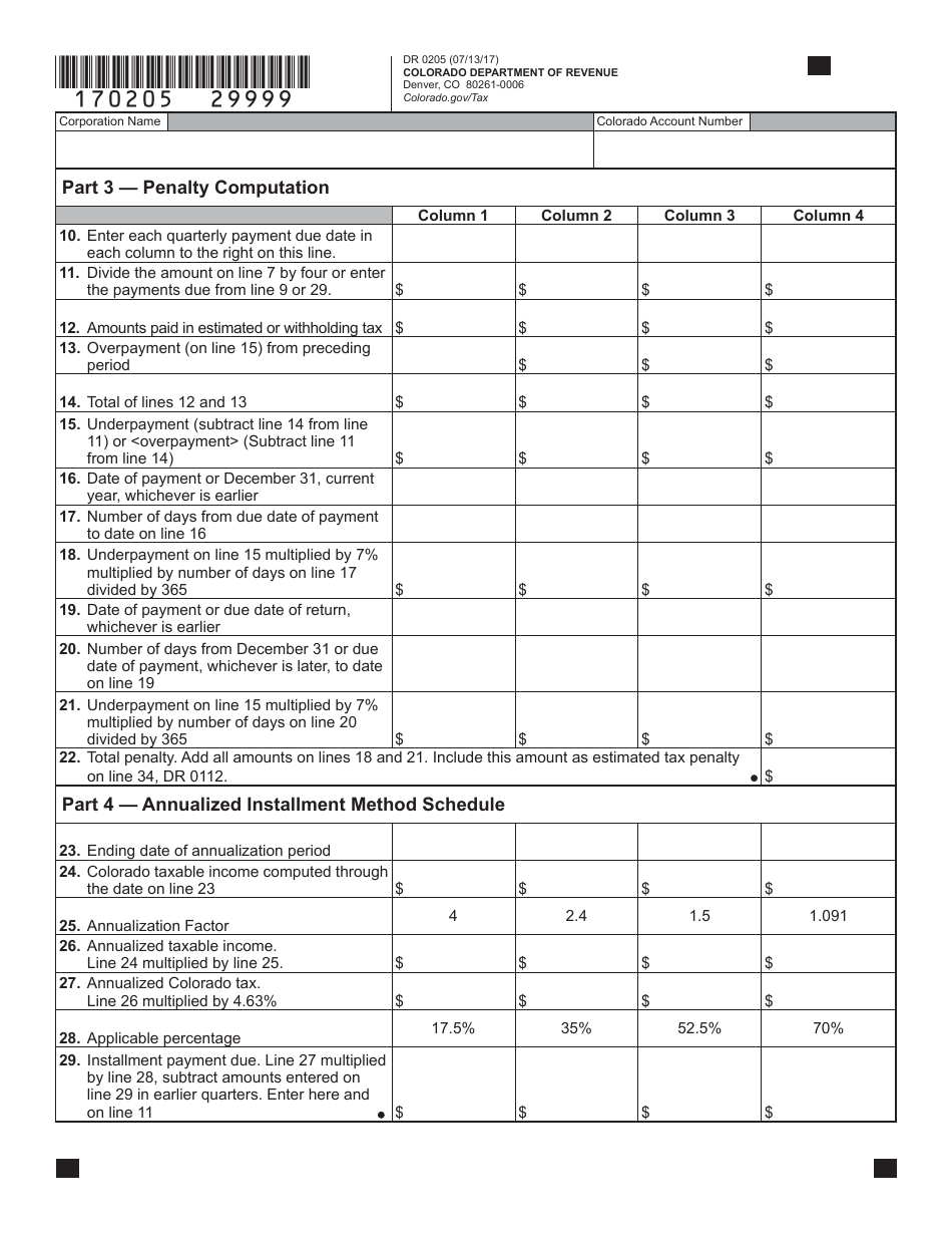 Form DR0205 Tax Year Ending Computation of Penalty Due Based on Underpayment of Colorado Corporate Estimated Tax - Colorado, Page 3