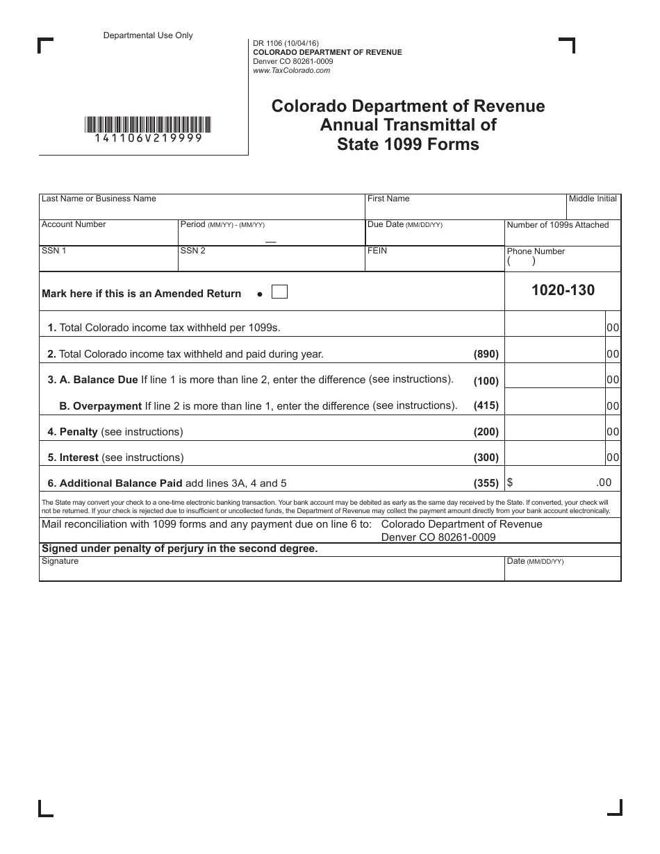 Form DR1106 Annual Transmittal of State 1099 Forms - Colorado, Page 2