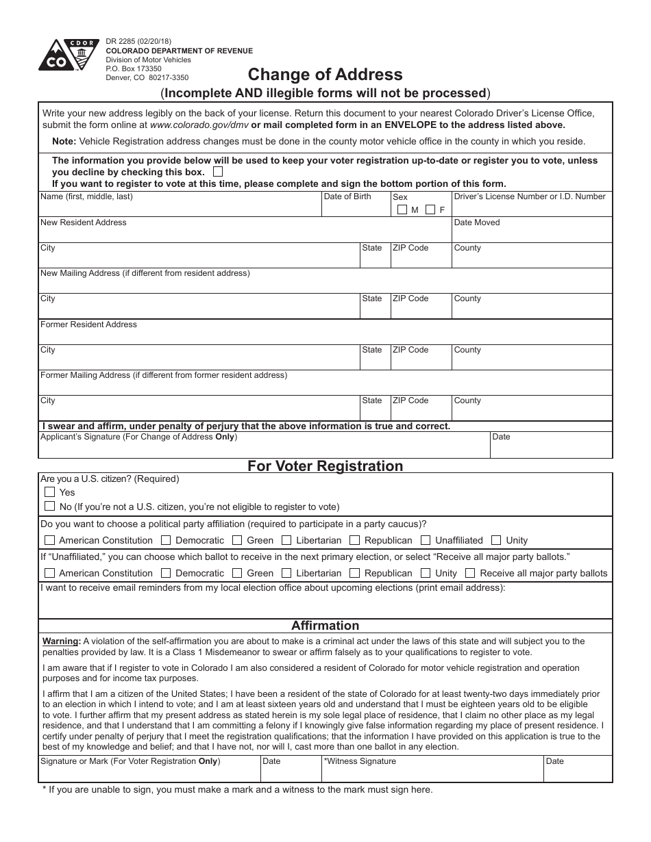 Form DR2285 Download Fillable PDF or Fill Online Change of Address