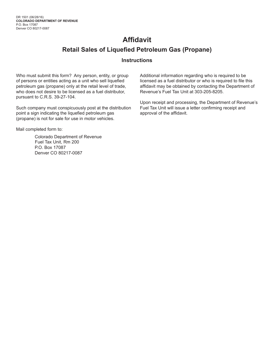 Form DR1501 Affidavit - Retail Sales of Liquefied Petroleum Gas (Propane) - Colorado, Page 1