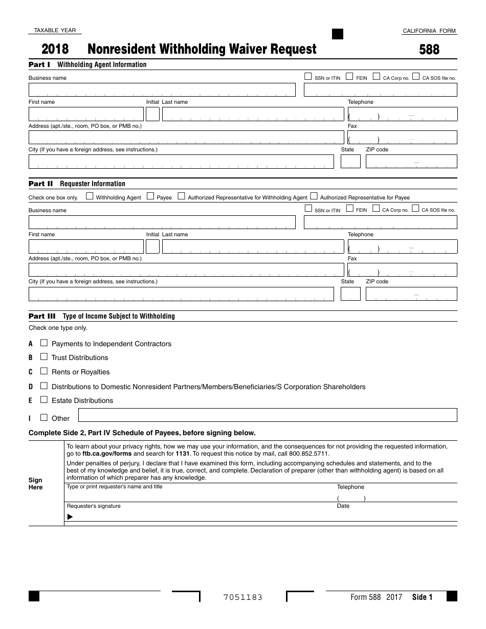 Form 588 Nonresident Withholding Waiver Request - California, Page 1