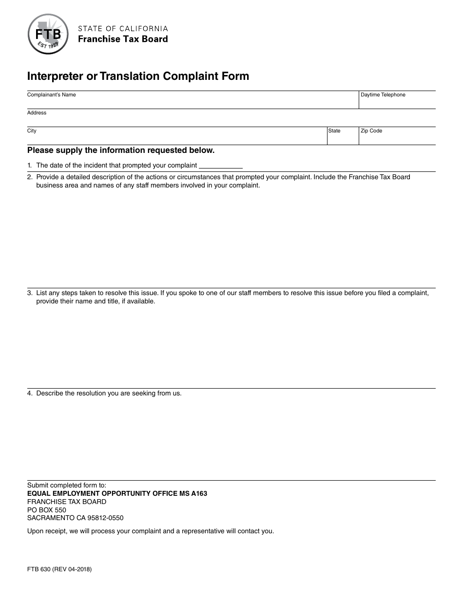 Form FTB630 Interpreter or Translation Complaint Form - California, Page 1