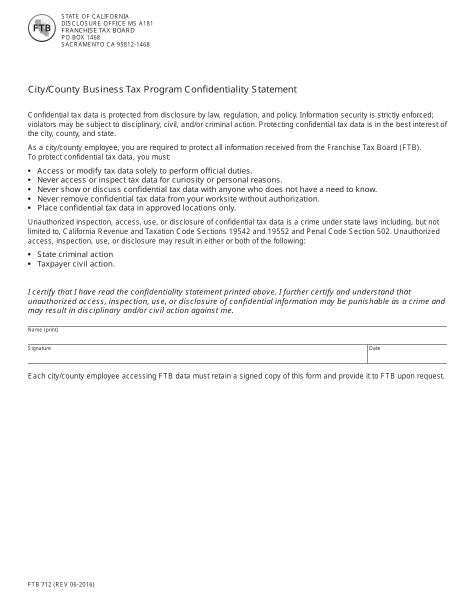 Form FTB712 City / County Business Tax Program Confidentiality Statement - California, Page 1