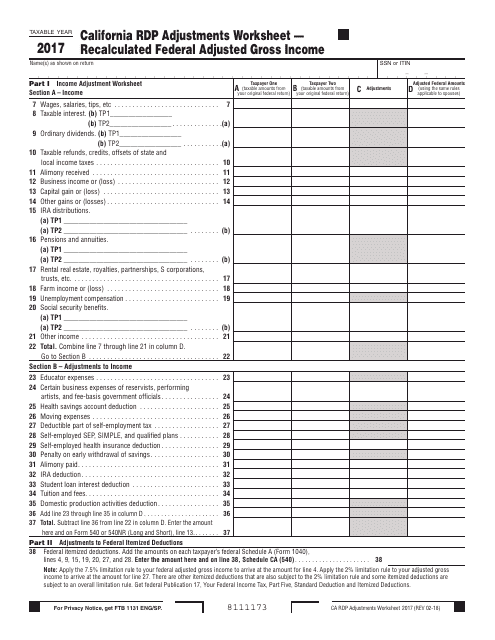 California Rdp Adjustments Worksheet " Recalculated Federal Adjusted Gross Income - California Download Pdf