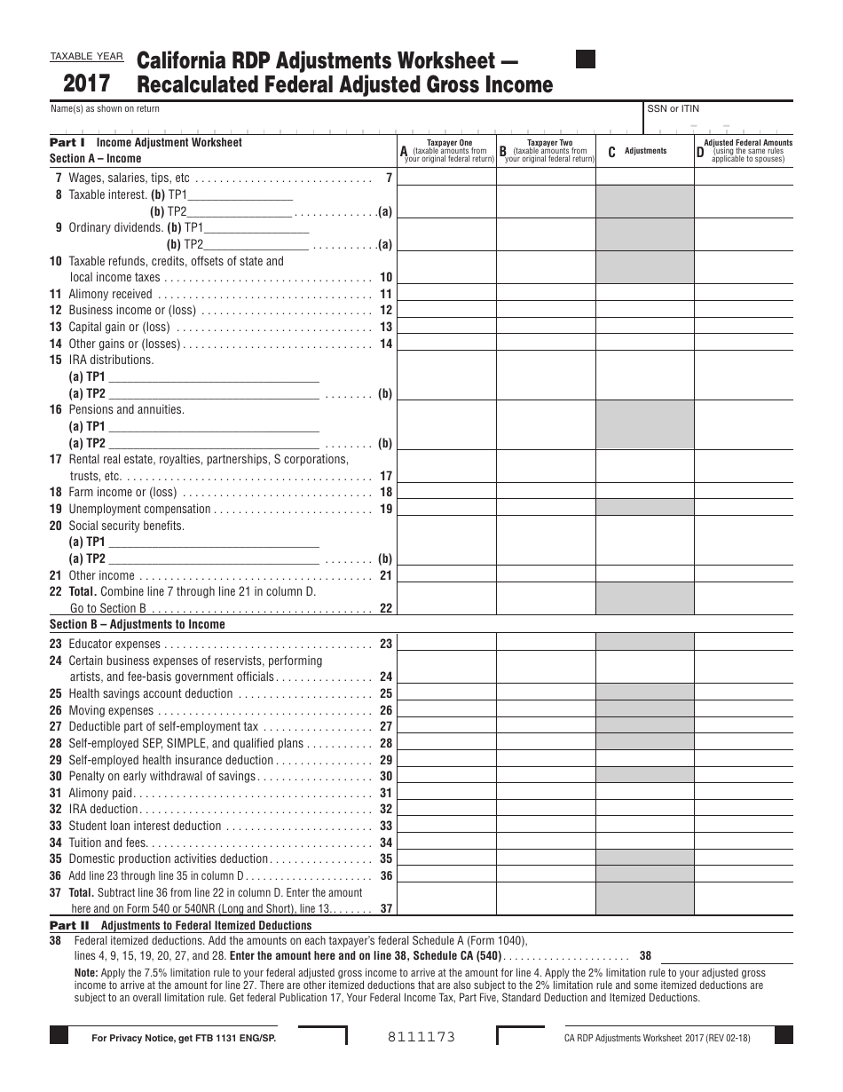California Rdp Adjustments Worksheet  Recalculated Federal Adjusted Gross Income - California, Page 1