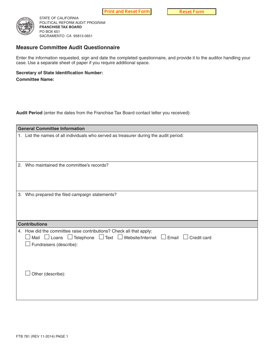 Form FTB781 Measure Committee Audit Questionnaire - California, Page 1
