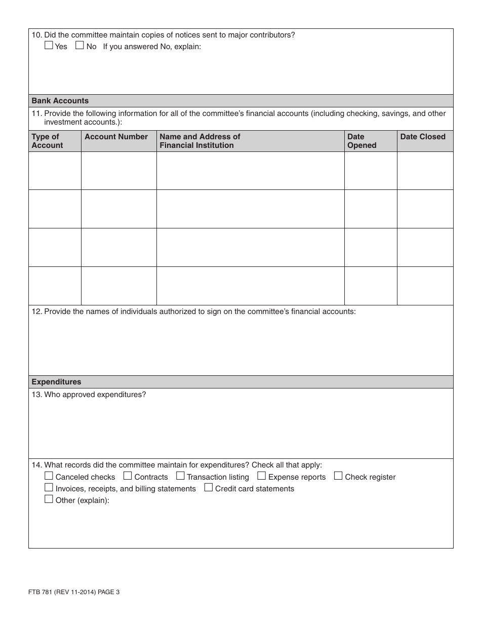 Form FTB781 Measure Committee Audit Questionnaire - California, Page 3