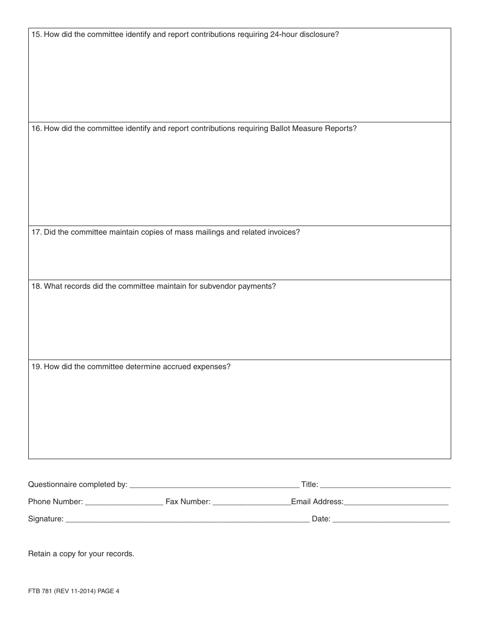 Form FTB781 Measure Committee Audit Questionnaire - California, Page 4