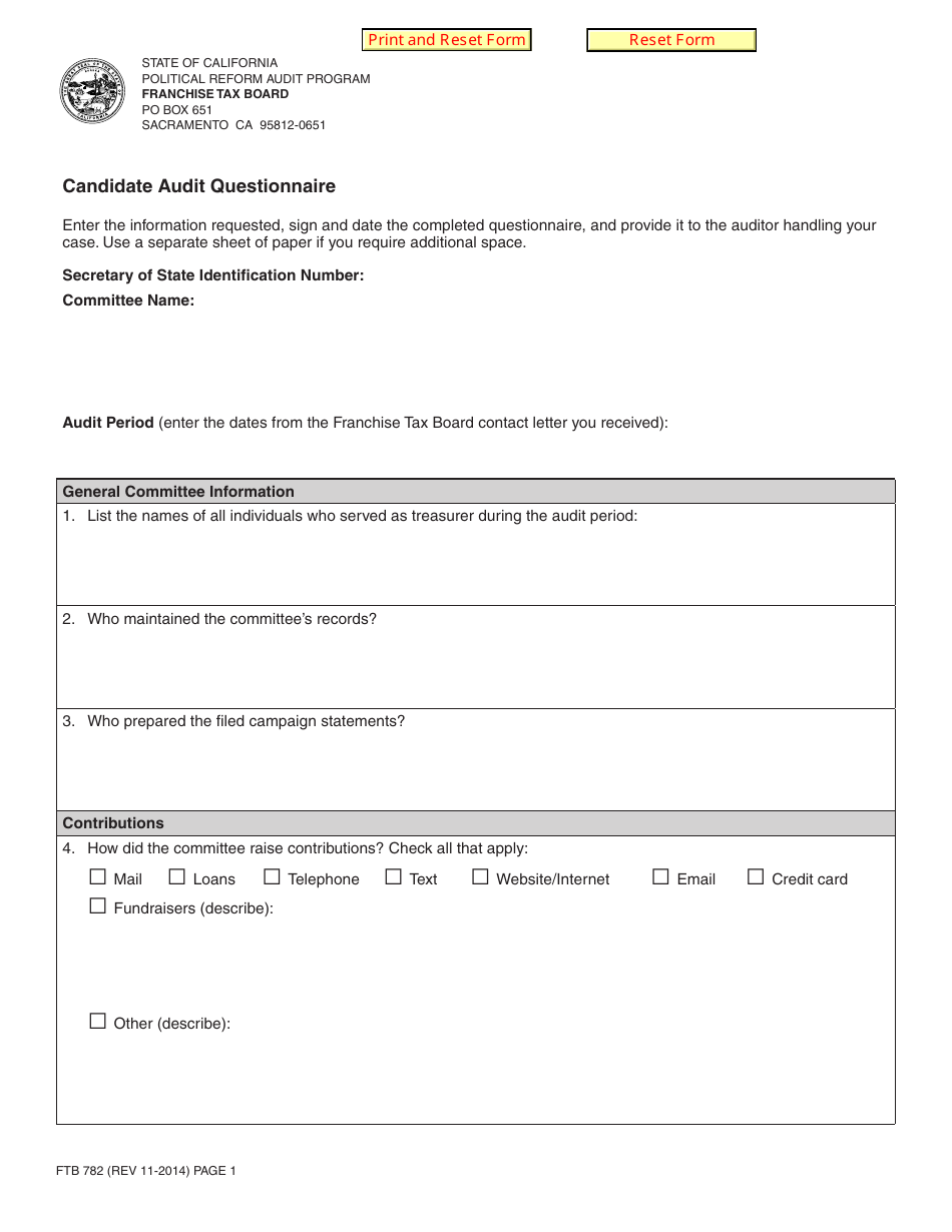 Form FTB782 Candidate Audit Questionnaire - California, Page 1