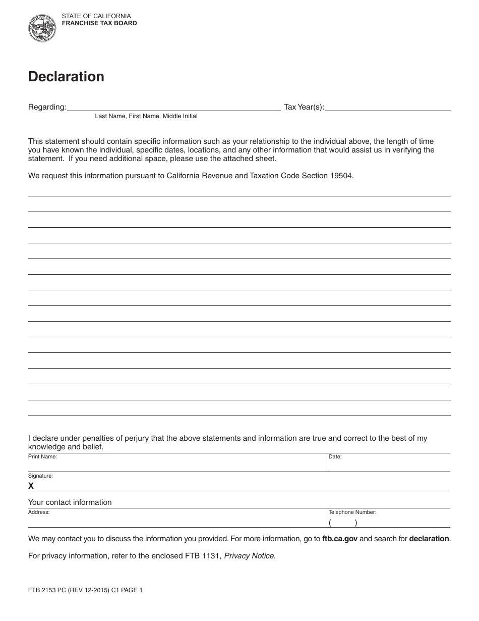 Form FTB2153 PC Declaration - California, Page 1