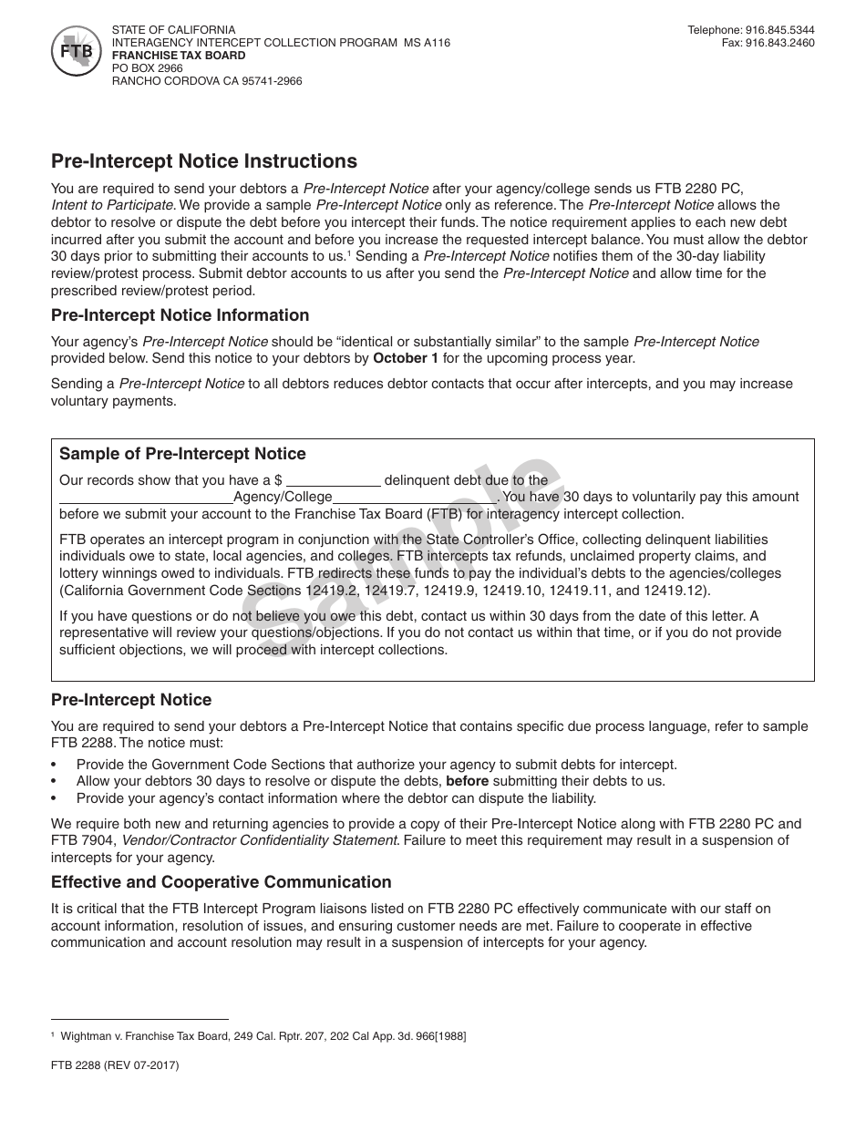 Form FTB2288 Pre-intercept Notice - Sample - California, Page 1