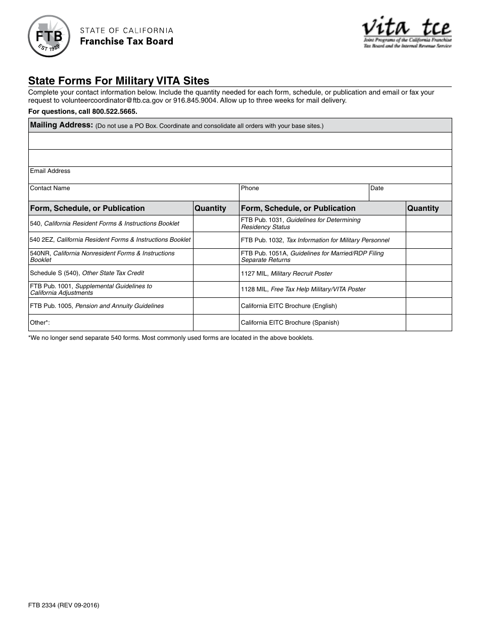 Form FTB2334 State Forms for Military Vita Sites - California, Page 1